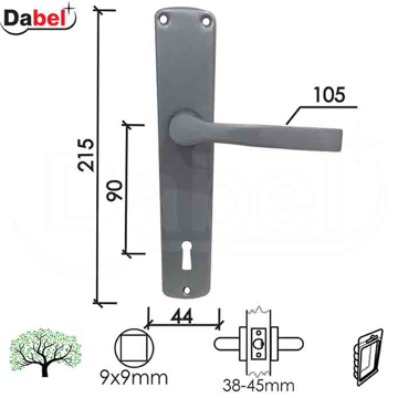 Slika Kvaka šild za vrata DABEL CER siva 90/44/215/7/105/9 mm ključ 0101898