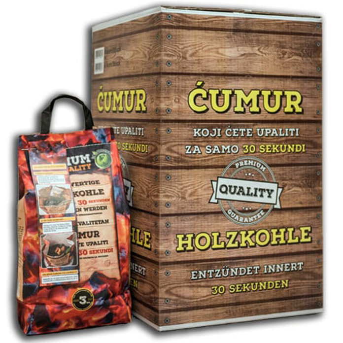 Slika Ćumur samožareći Premium 3 kg sa ušivenim ekološkim potpaljivačima – brzo paljenje bez prljanja