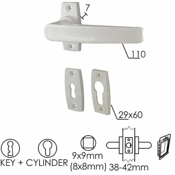 Slika Kvaka rozeta za vrata DABEL PVC-EKO bela 29x60/7/110/8/9 mm ključ + cilindar 0101977